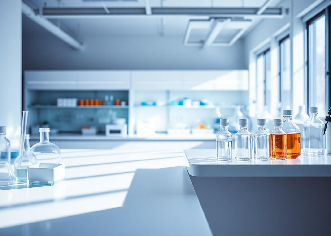 Analytical laboratory bench with glassware